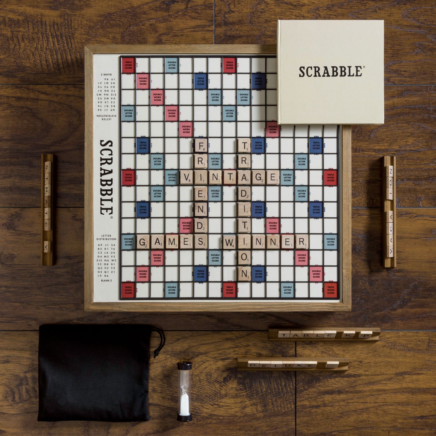 WS Game Scrabble Deluxe Vintage Edition Wood Cabinet Rustic Finish Rotating 